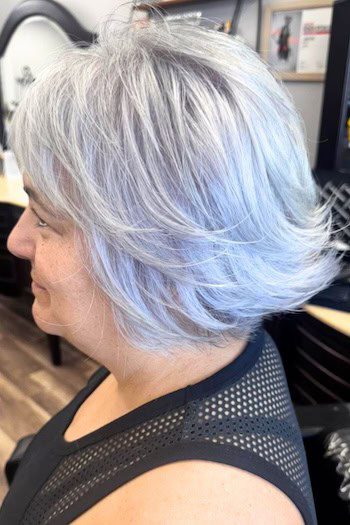 Silver layered bob with flipped-up ends