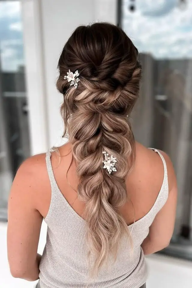 Intricate fishtail braid wedding hairstyle