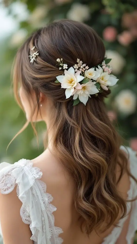 Floral-Adorned Half-Up Wedding Hairstyle