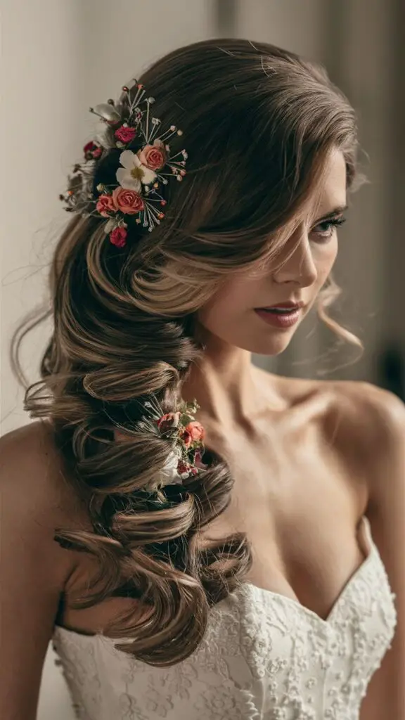 Dramatic side-swept curls wedding hairstyle