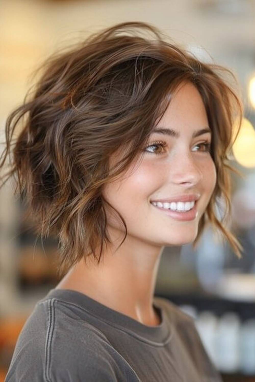 Tousled bob hairstyle with natural movement and texture