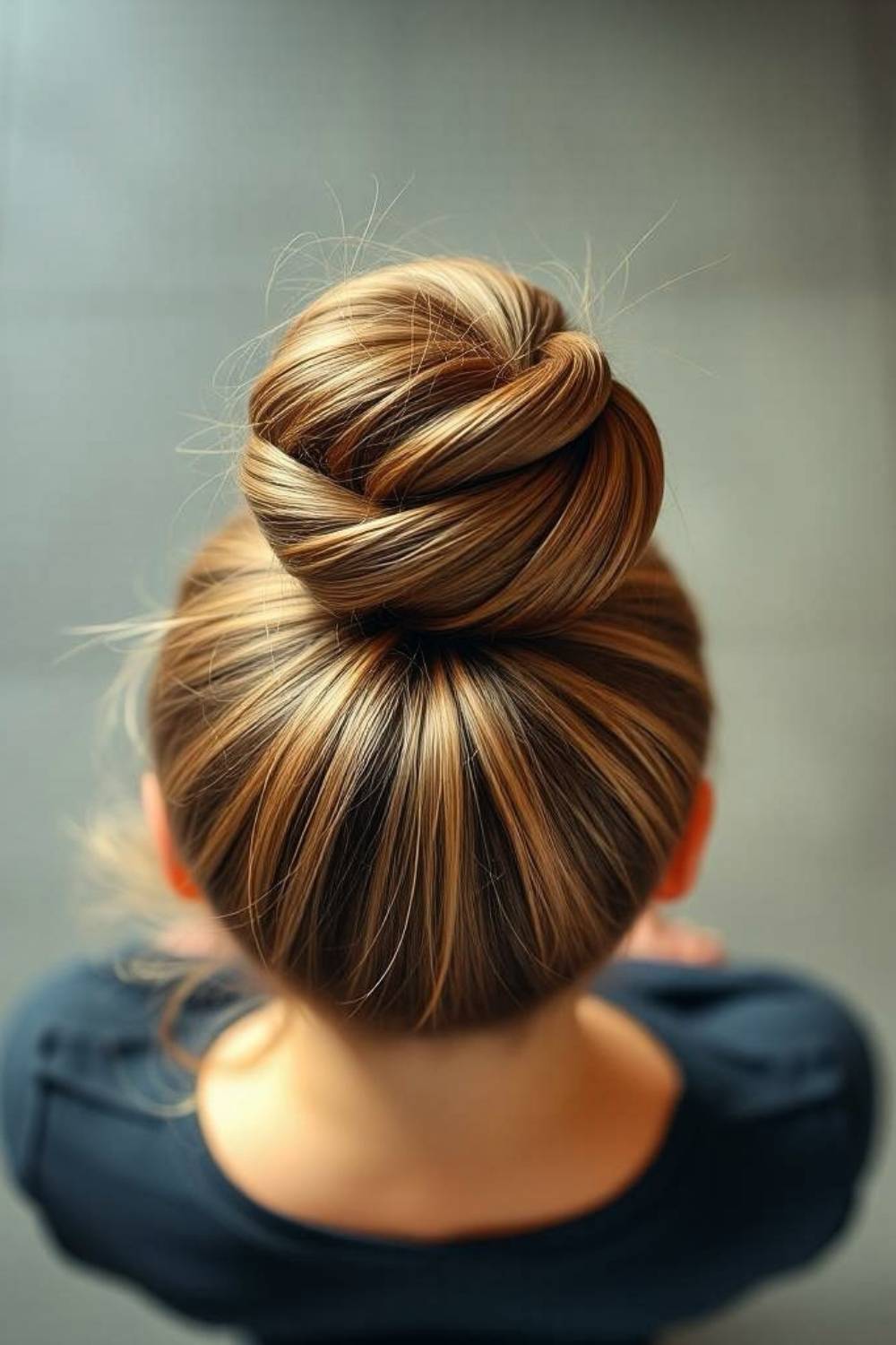 Modern high top knot positioned like a sculpted crown