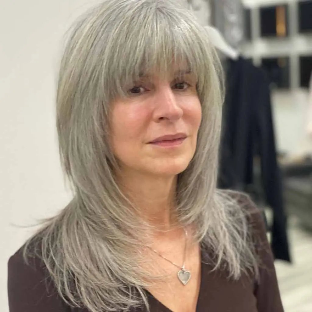 Long Grey Shag With Blunt Bangs for Fine Hair