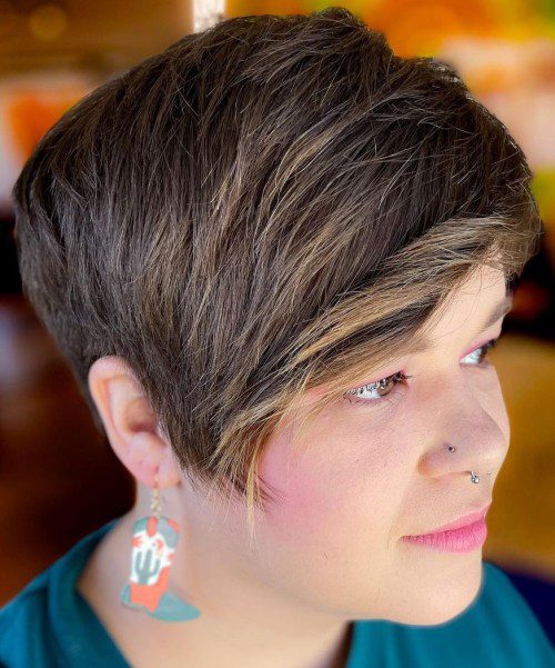 Long side-swept pixie for round faces