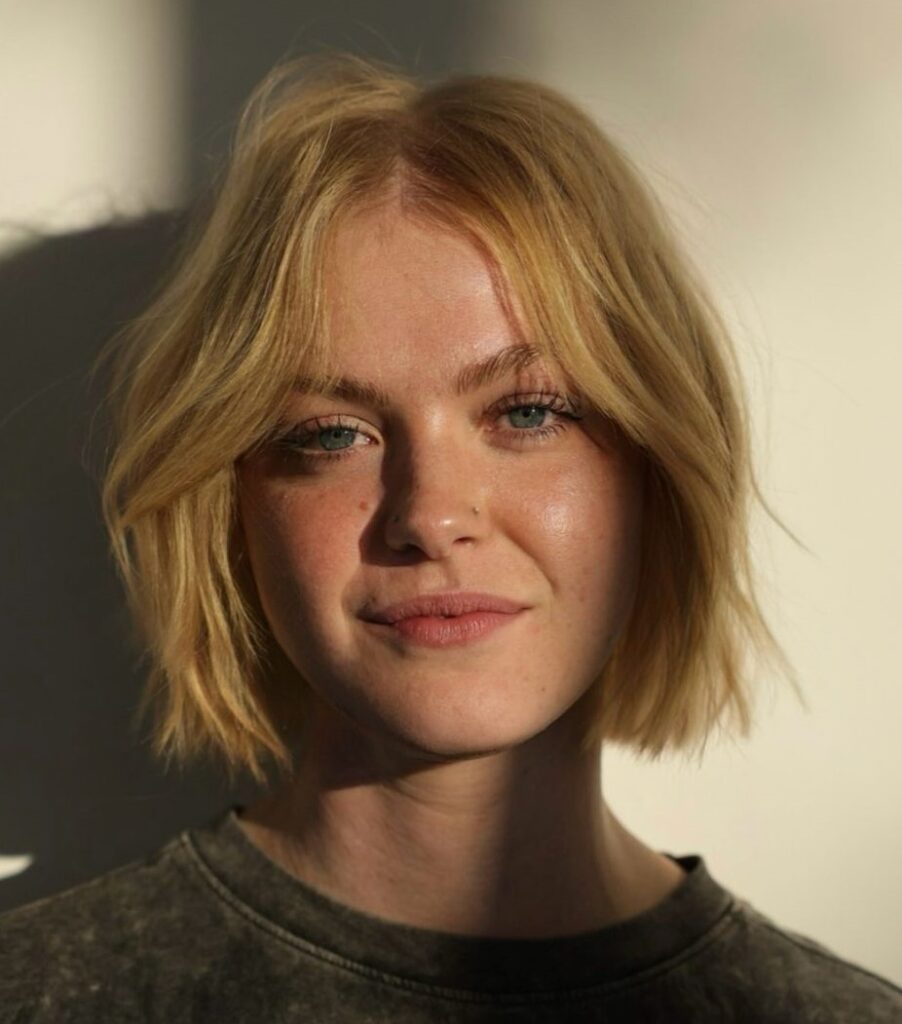 Textured blonde bob with middle part
