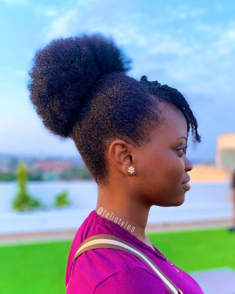 High bun with front twist on natural hair