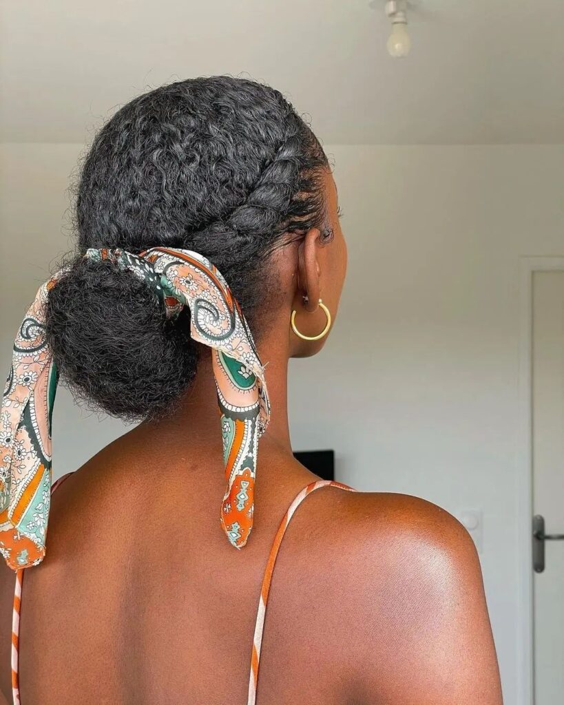 Crown braid with scarf on natural hair