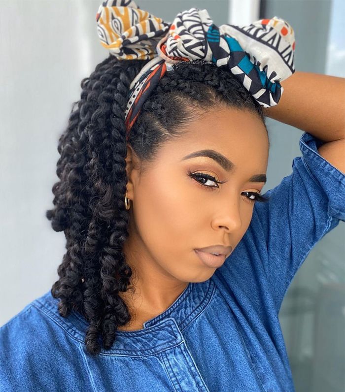 Three-strand twists styled with scarf on natural hair